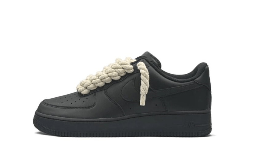 NIKE AIR FORCE 1 LOW 07 TRIPLE BLACK W/ BEIGE ROPE LACES () - Rdrop